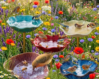 Ceramic Flower Bird Bath – Garden Art Decor, Bee Watering Station, Bird Feeder Bowl