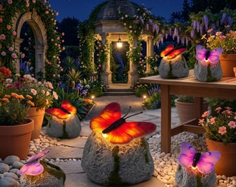 Incroyable lampe papillon à énergie solaire | Décoration extérieure de jardin en pierre de résine | Éclairage enchanteur du pavillon nocturne