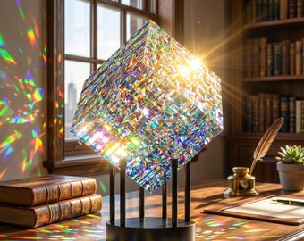 Sculptuur regenboogprismakubus, optisch kristal geometrisch decor, gefacetteerde glazen zonnevanger, modern plankdecor cadeau