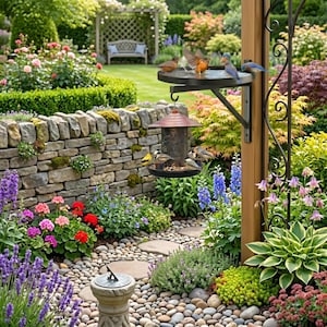 May include: A vibrant garden scene with a stone wall, a bird feeder, and a bird bath. Colorful flowers and lush greenery surround the pathway. Several birds are perched on the feeder and bath, creating a lively outdoor setting.