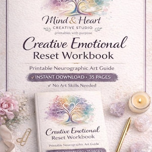 Puede incluir: Un cuaderno de trabajo titulado "Creative Emotional Reset Workbook" con un diseño de árbol en acuarela. La imagen incluye un bolígrafo, cristales y una vela encendida. El cuaderno es una guía de arte neurográfico imprimible de 35 páginas.