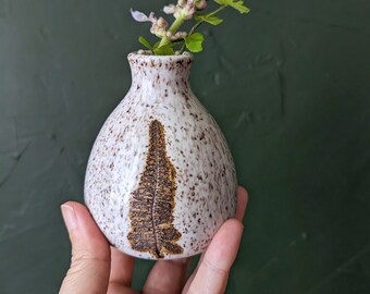 Speckled pottery vase, Rustic fern imprint small bud vase, Mini white ceramic vase