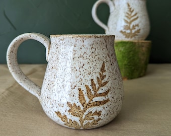 Fern Coffee Mug, Speckled White Pottery Mug, Farmhouse Ceramic Mug, Large Coffee Cup, Handmade Tea Stoneware Mug