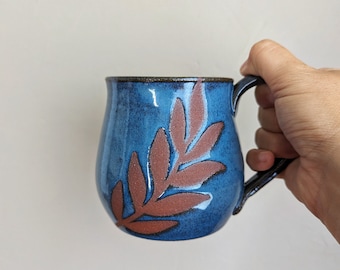 14oz Fern Coffee Mug, Red Blue Pottery, Handmade Tea Stoneware Mug