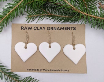 White clay ornaments, Set of 3, heart gift tags, handmade holiday decor
