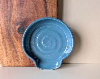 Blue Ceramic Spoon Rest, Stove Top Spoon Holder Pottery