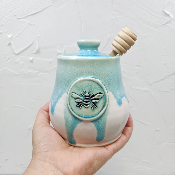 Ceramic Honey Jar with Dipper, Turquoise Honey Pot, Honey Bee Pottery, Stoneware Lidded Jar.