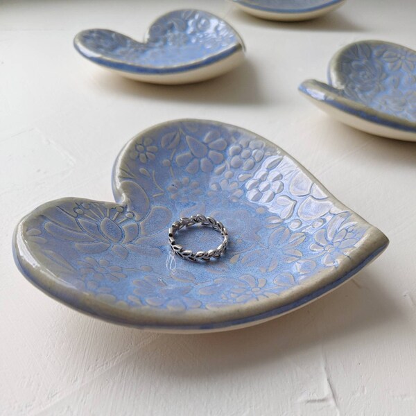 Blue heart ring dish, handmade pottery jewelry holder, ceramic trinket dish