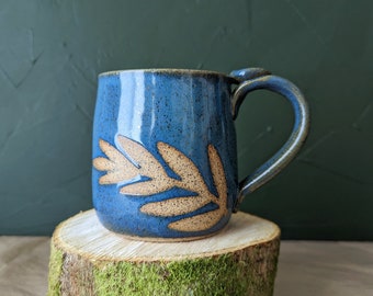 Fern Blue Coffee Mug, Speckled Blue Pottery, Rustic Ceramic Mug, 14oz Large Coffee Cup, Handmade Tea Stoneware Mug