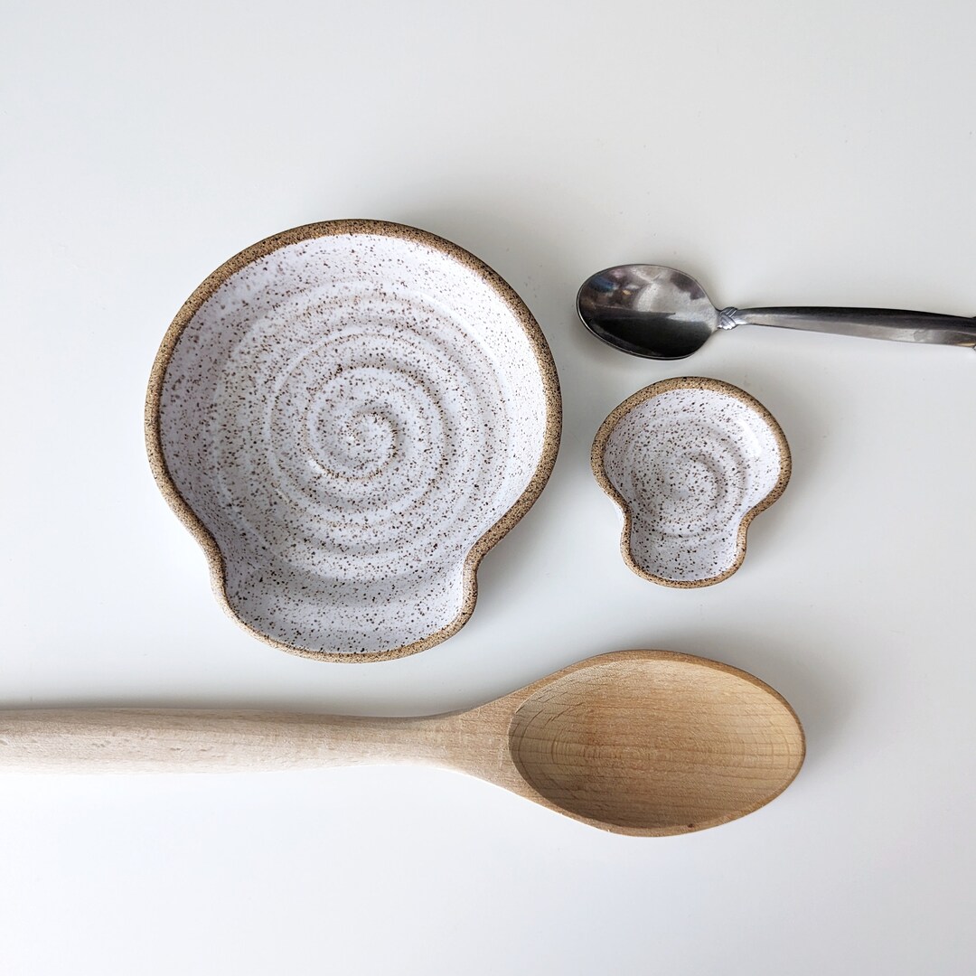 White Ceramic Spoon Rest Set, Large and Small Stove Top Spoon Rest