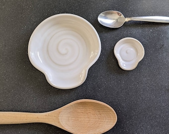 Handmade White Ceramic Spoon Rest Set, Pottery Wheel Stoneware