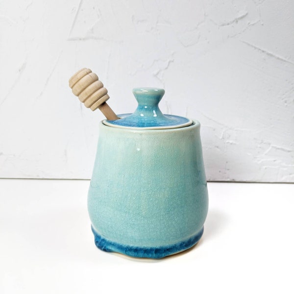 Turquoise Honey Jar with Dipper, Ceramic Honey Pot, Honey Bee Pottery, Stoneware Lidded Jar.