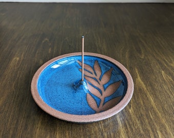 Blue ceramic incense burner, red fern, stoneware incense holder, Stick incense