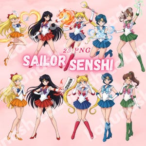 Puede incluir: Ilustración digital de personajes de anime con trajes de marinero. Los personajes están en varias poses, algunos sosteniendo objetos mágicos. El texto "SAILOR SENSHI" se muestra, junto con "25 PNG".