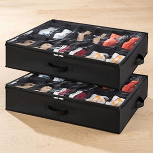May include: Two black fabric storage boxes stacked on top of each other. Each box has a clear plastic lid divided into multiple compartments. The compartments are filled with various socks in different colors. Each box has a black handle on the front.