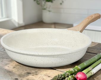 Ceramic Frying Pan Nonstick, Induction Ready Skillet with Wood Grip Handle, Durable Kitchen Cookware