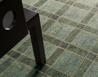 Alfombra de lana anudada a mano, cuadros verde salvia y azul verdoso, alfombra de estilo bohemio.