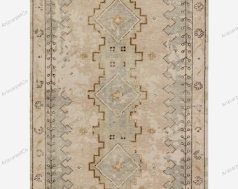 Alfombra Oushak de lana anudada a mano: Verde salvia apagado, estilo turco bohemio (3x6)