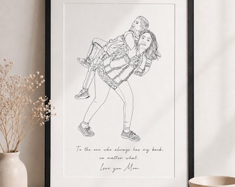 Portrait personnalisé de maman et d'enfants | Impression de croquis au crayon dessiné à la main (téléchargement numérique) disponible en 2-4 heures ouvrables