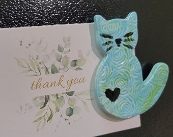 Blue Heart Ceramic Cat Fridge Magnet