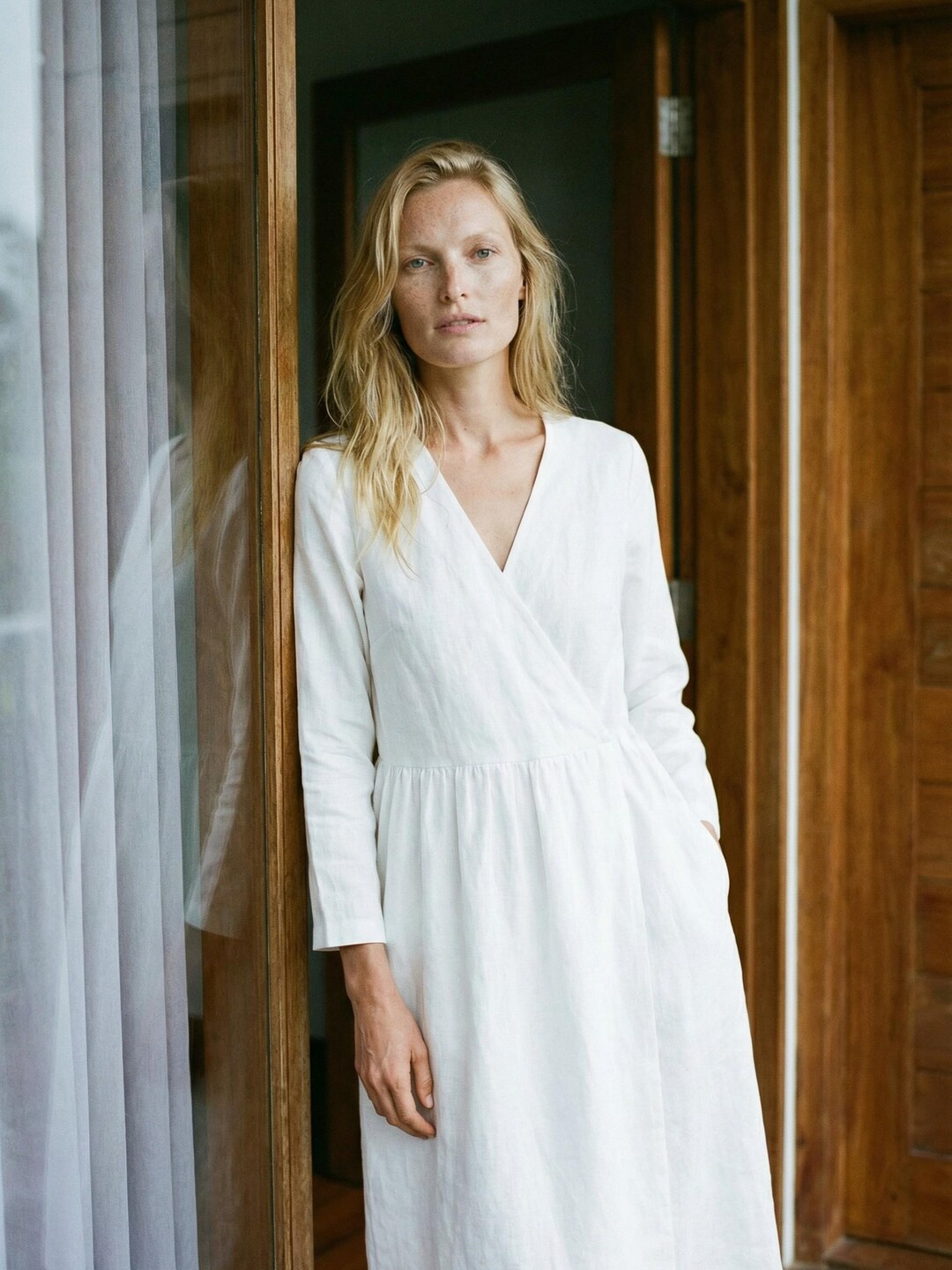 long sleeve wrap dress white Ruffles ribbed wrapped modest maxi – Kabayare Not Fitted Shona Joy - La Lune
