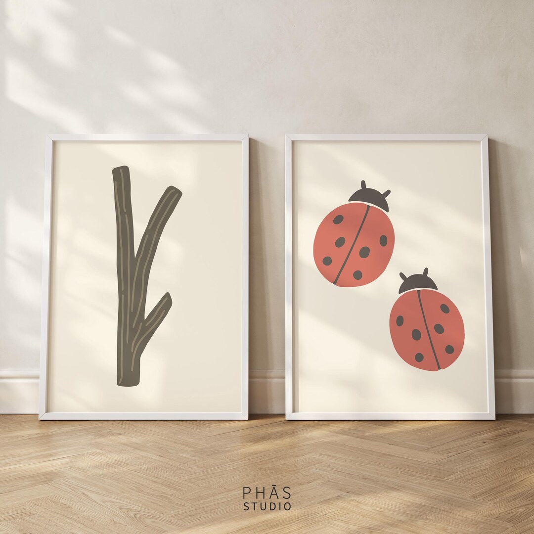 Ladybug Wall Art Set of 2, Branch Printable Art, Nursery Wall Decor ...