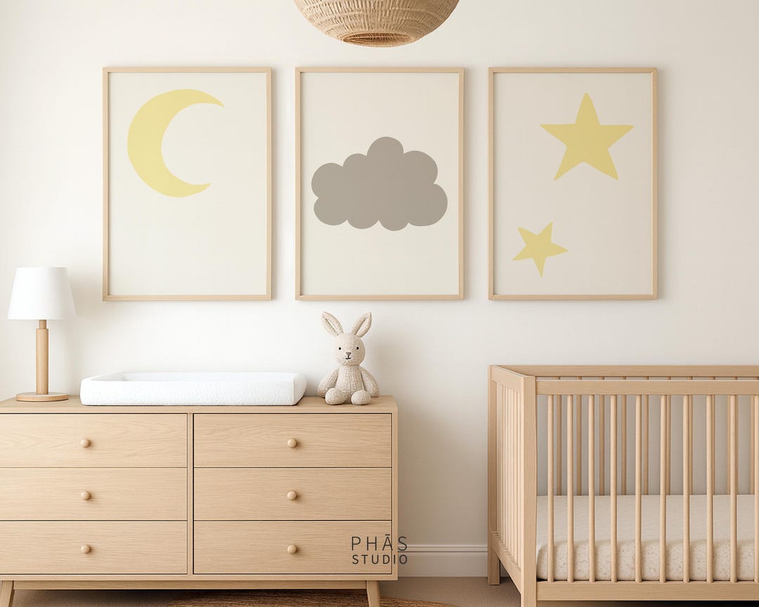 Neutral Nursery Wall Art Set, Moon Cloud Star Prints, Minimal Kids Room ...