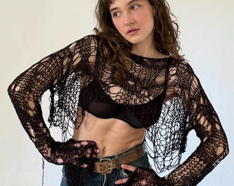 Haut court en jersey pour tenue de rave, haut transparent et haut court en résille dans un style vestimentaire de l'an 2000, haut en résille transparent, haut court grunge