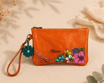 Personalisierte Leder Armband Clutch Handgemalte Blumen Beutel Benutzerdefinierte Name Kleine Tasche Geschenk für sie Telefon Brieftasche Geburtstagsgeschenke Frauentag