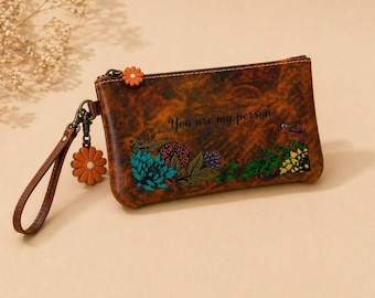 Personalized Leather Wristlet Clutch Hand Painted Floral Pouch Custom Name Small Bag Gift for Her Phone Wallet Birthday Gifts Mother's Day