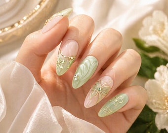 Green Floral 3D Press On Nails – Spring Garden Fairycore Luxury Mani
