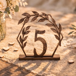 Wooden wedding table numbers: rustic floral decor centerpiece