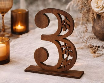 Boho Wedding Table Numbers, Wooden Decor, Botanical Laser Cut Centerpiece