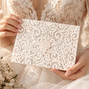 May include: A rectangular white invitation envelope featuring an intricate laser-cut floral and scrollwork pattern. The envelope is secured with a circular wax seal embossed with a swan design, creating a textured and layered appearance.