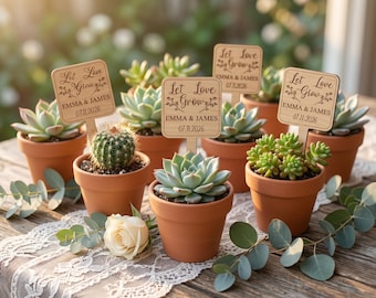 Personalised Bulk Wedding Favors, Cactus Succulent Wooden Plant Stakes "Let Love Grow"