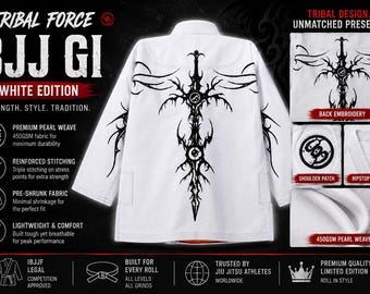 White Tribal BJJ Gi | 450 GSM Pearl Weave Jiu Jitsu Kimono, IBJJF Style Uniform