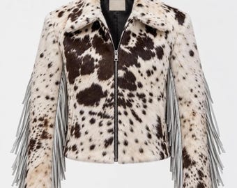 Hair-On Cowhide Leather Jacket, Western Fringe, Boho Rodeo Style