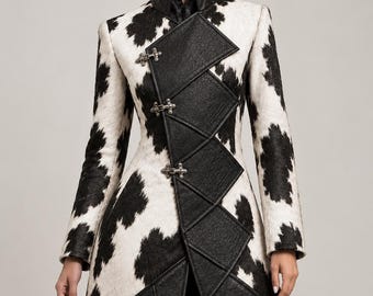 Women's Black White Cowhide Leather Coat, Western Long Jacket, Genuine Hair-On Leather