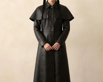 Black Leather Gothic Cape Coat, Victorian Trench, Dark Outerwear