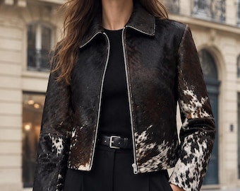 Women's Hair-On Cowhide Leather Jacket, Cropped Biker Style, Western Fashion
