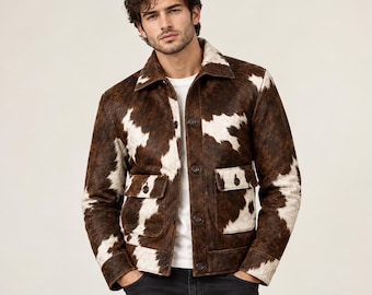 Men's Cowhide Leather Jacket, Western Ranch Style, Button-Front, Flap Pockets