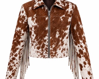 Women's Cowhide Leather Jacket, Hair-On Western Fringe, Cropped Cowgirl Outerwear