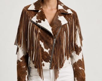 Genuine Hair-On Cowhide Fringe Jacket, Brown White Western Style