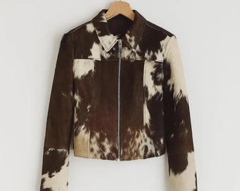 Women's Hair-On Cowhide Leather Jacket, Cropped Western Style, Natural Pattern