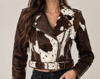 Women's Brown White Cowhide Leather Biker Jacket, Gothic Moto Style, Asymmetrical Zip Belted Coat