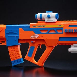 May include: An orange and blue NERF Edge Liberator toy blaster. The toy gun has a scope, a magazine, and a handle. The blaster has the NERF logo and the words "EDGE LIBERATOR" printed on it. The toy is made of plastic.
