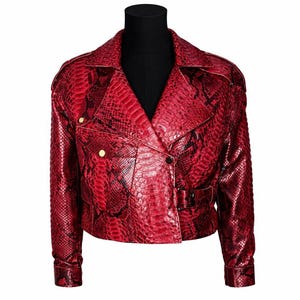 Red Genuine Python Leather Cropped Moto Jacket Women Snakeskin Belted Coat