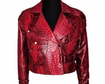 Rood echt pythonleren cropped motorjack dames slangenleer riem met riem