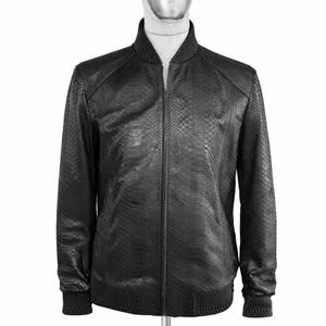 Chaqueta bomber de piel de pitón para hombre, cuello acanalado, cremallera, lujosa y exótica.