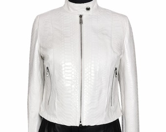 Veste en cuir blanche en peau de serpent pour femme, manteau motard de luxe court en python